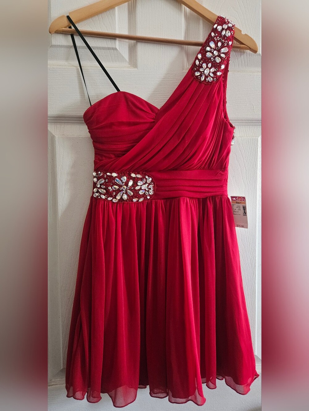 Red One-Shoulder Rhinestone Dress